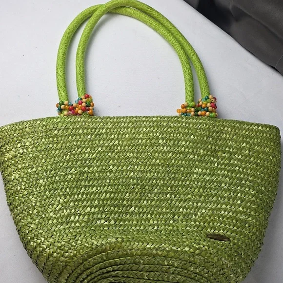 Capelli/Straworld Vibrant Green Woven Tote Bag Purse Beads Beachy BoHo GUC READ - Picture 14 of 14